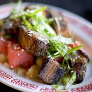 [Watermelon pickle and crispy pork salad]